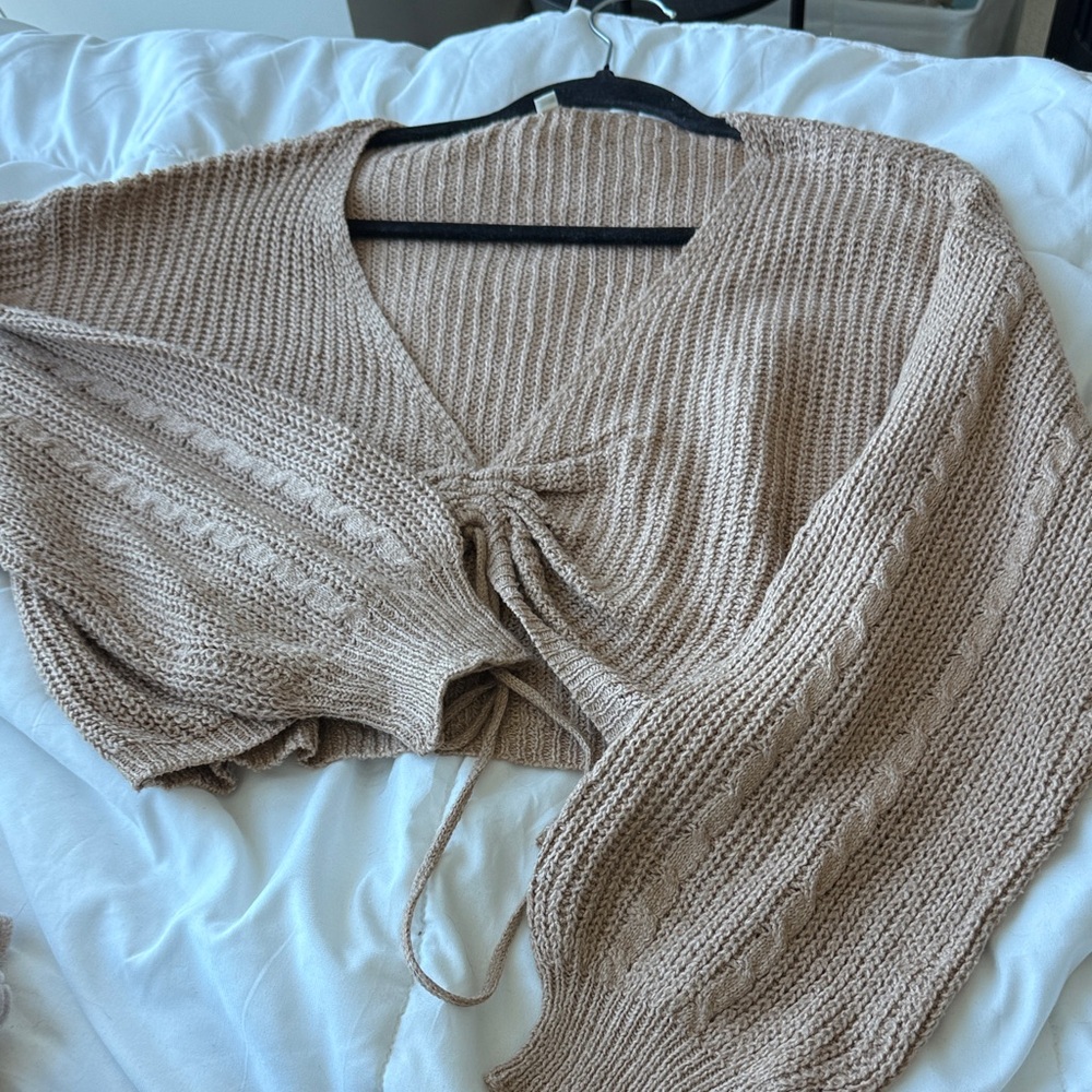 Women's Tan V Neck Scrunched Sweater